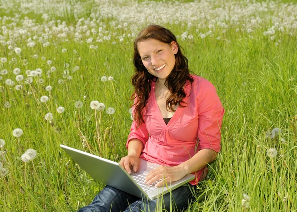 Жінка з ноутбуком на лузі — стокове фото