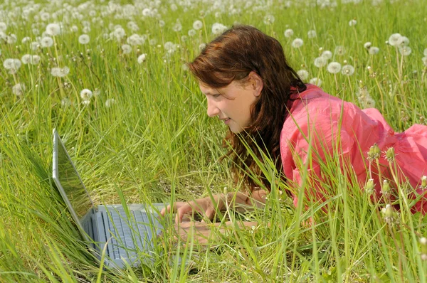 在一片草地上的笔记本电脑的女人 — 图库照片