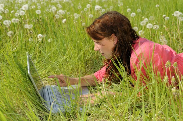 stock image Woman with laptop on a meadow