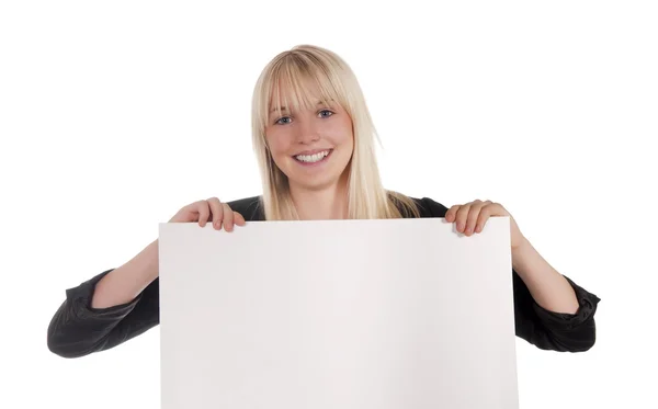 Femme avec panneau d'affichage blanc — Photo