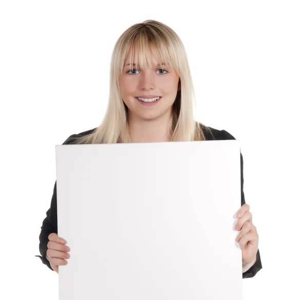 Женщина с белым билбордом — стоковое фото