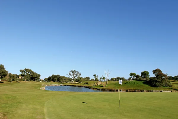 Verde y lago en el campo de golf en el sol — Foto de Stock