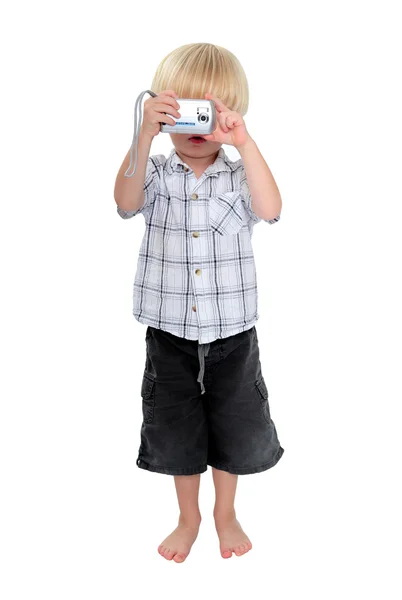 Isolated photo of young boy taking a photograph — Stock Photo, Image