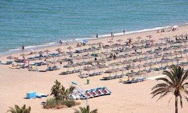 Aerial view of beach and holidaymakers on vacation clipart