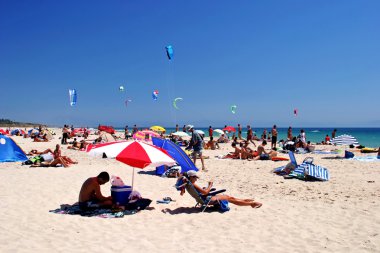 White, sunny, sandy beach full of kitesurfers in Tarifa, Spain clipart