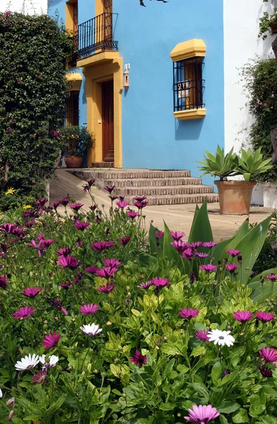 Spanisches Haus in Pueblo mit blauen Wänden und gelben Zierleisten — Stockfoto