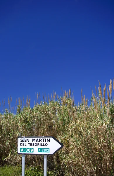 Spanish roadsign next to reeds and bullrushes in Spain — Stock Photo, Image
