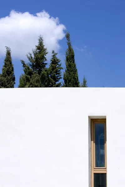 Ağaçlar ve mavi gökyüzü ile yeni, beyaz bina — Stok fotoğraf