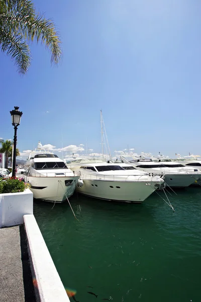 Velké krásné a luxusní bílé jachty kotvící v přístavu v sp — Stock fotografie