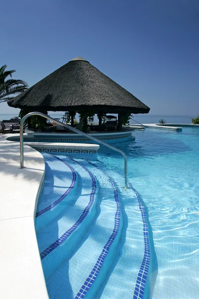 Tiki καλύβα και μπαρ με πισίνα πολυτελούς ξενοδοχείου — Φωτογραφία Αρχείου