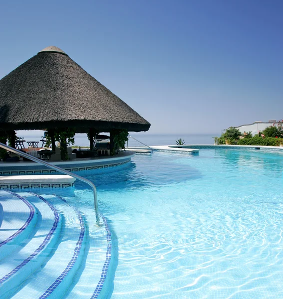 Tiki 小屋和酒吧由豪华酒店的游泳池 — 图库照片