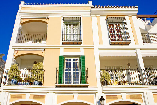 Bright colours of rows of modern Aloha Pueblo on the Costa del Sol in Spain