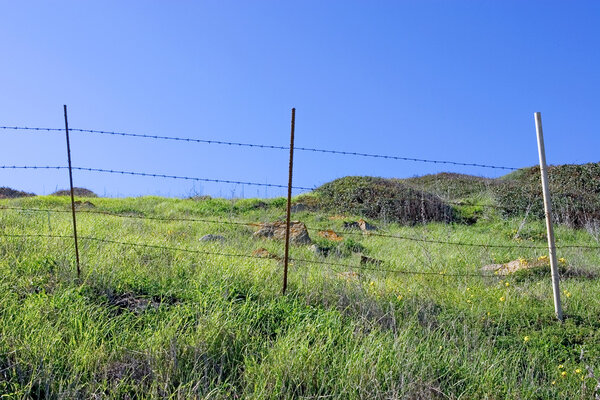Old fence and green fields with deep blue sky
