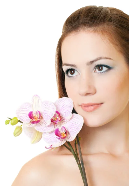 Bella donna con orchidea — Foto Stock