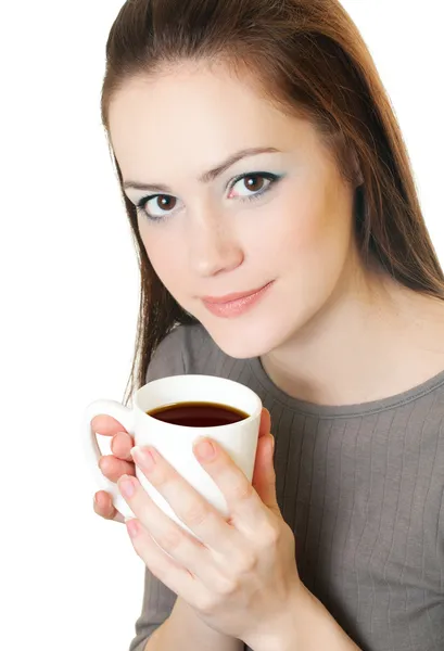 Woman holding a white cup — Stock Photo, Image