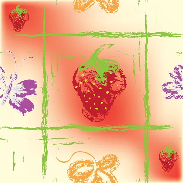 Wzór kwadratowy z truskawek, liść i motyl — Wektor stockowy