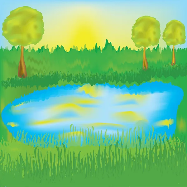 Paysage avec lac, lever de soleil, prairie, arbres — Image vectorielle