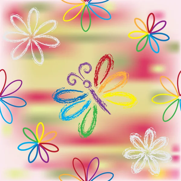 蝶と花の虹組成のシームレスなパターン — ストックベクタ