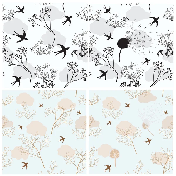 Samling av fyra seamless mönster med fåglar och blommor — Stock vektor