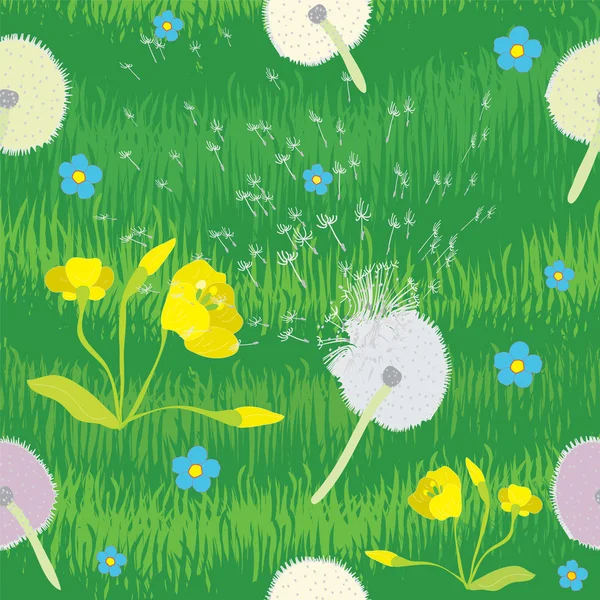 Bezešvé vzor s trávou a kreslené květy — Stockový vektor