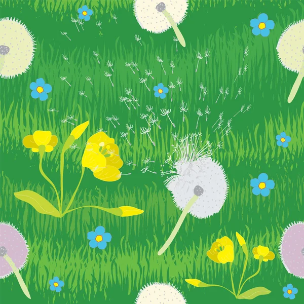 Seamless pattern with grass and cartoon flowers — Stock Vector