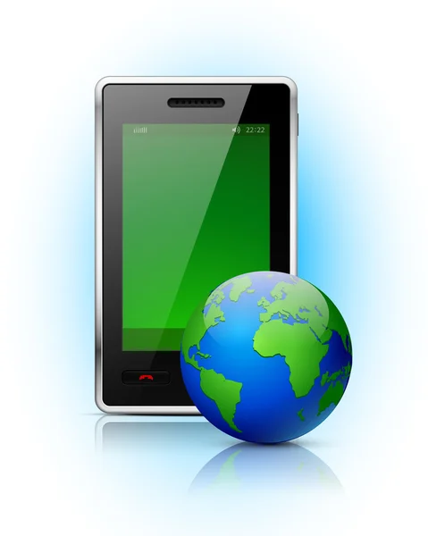 Téléphone portable avec globe sur fond bleu . — Image vectorielle