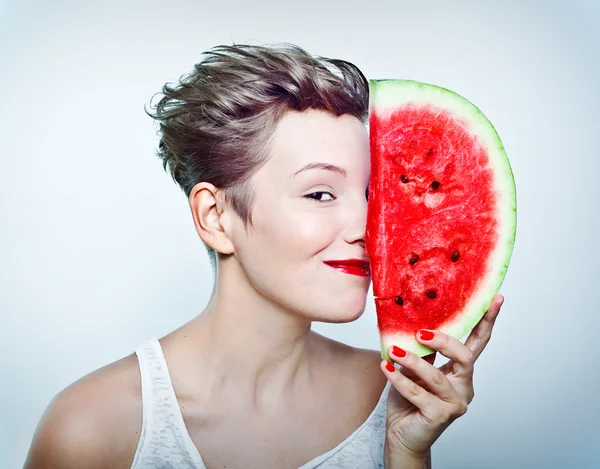 Woman and watermelon — Stock Photo, Image