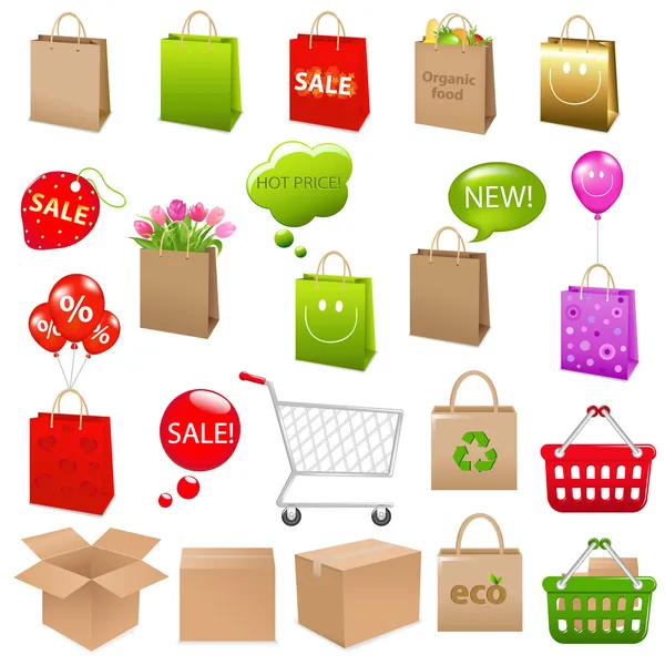 Verpakking en shopping tassen — Stockvector