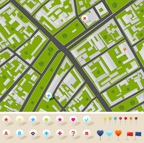 Mapa města s gps ikonami — Stockový vektor