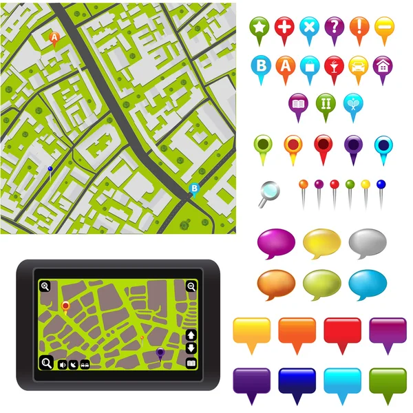 GPS ikony a mapa — Stockový vektor