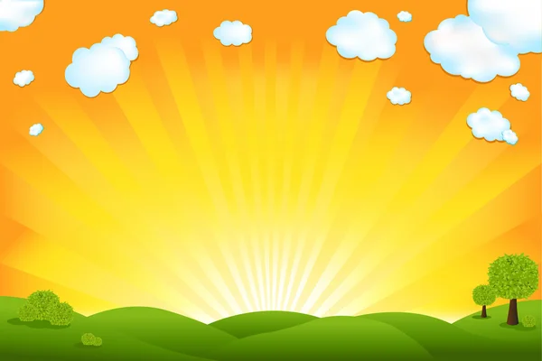 Zöld mező és az égbolt napkelte — Stock Vector