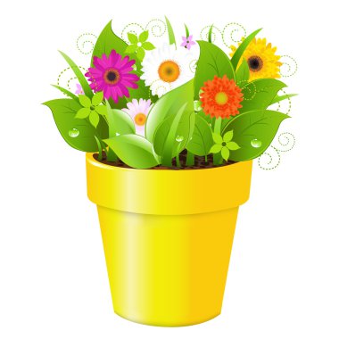 Pot With Grass And Flowers clipart