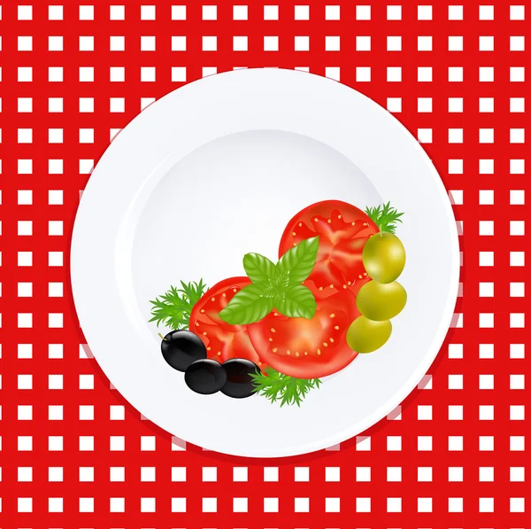 Placa Blanca Con Aceitunas De Tomate Y Hierbas Frescas — Vector de stock