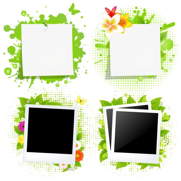Cuadernos de notas en blanco y fotos con verde Blot — Vector de stock