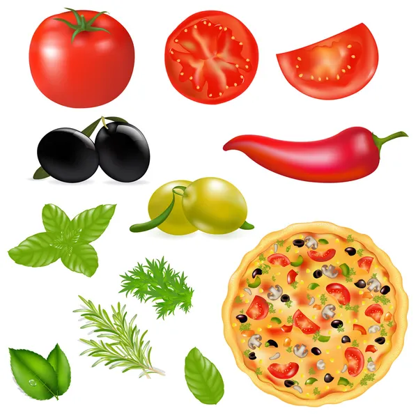 Conjunto de productos con pizza — Vector de stock