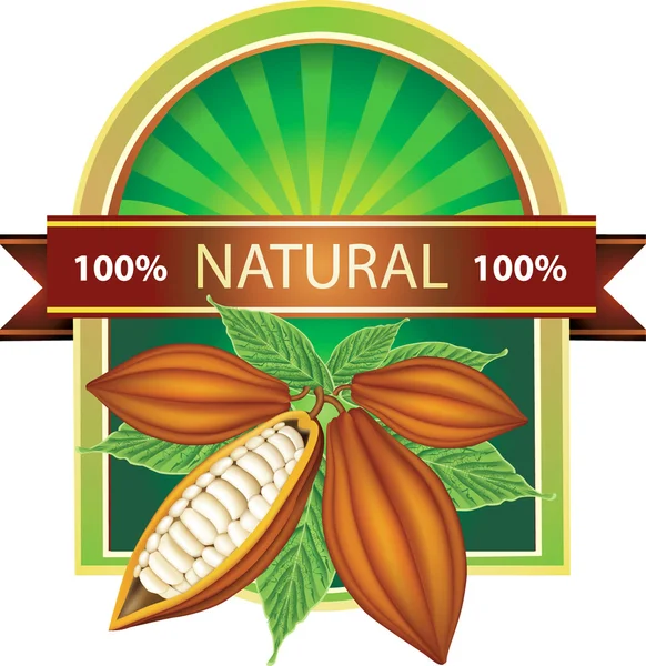 Etiqueta com grãos de cacau 100% produto natural —  Vetores de Stock