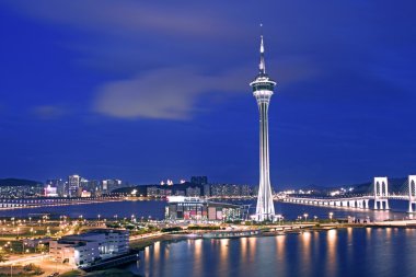 Urban landscape of Macau with famous traveling tower under sky n clipart