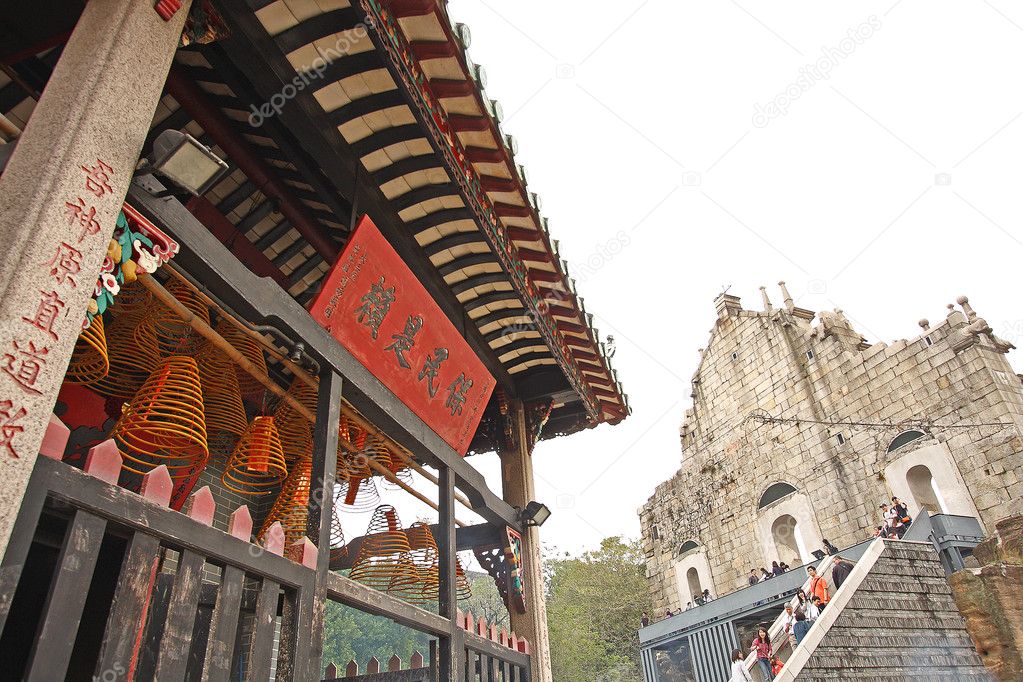 Macao scenery of panorama with Chinese traditional temple, ruins
