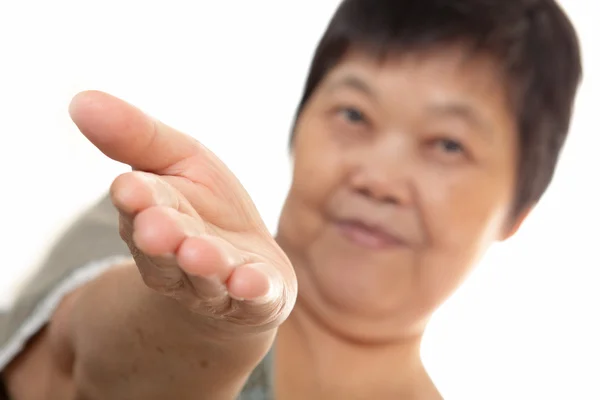 Genç Asyalı bir kadın eli boş işaret gösteren — Stok fotoğraf