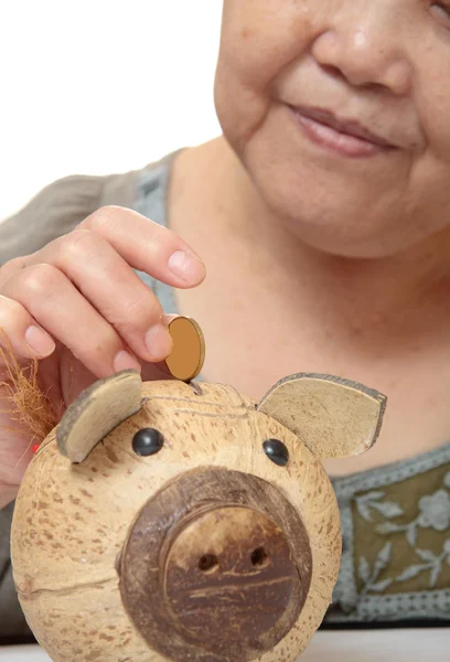 Frau legt Münzen in ein kleines Sparschwein. selektiver Fokus, Kopie s — Stockfoto