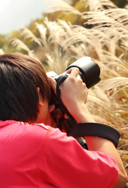 Fotógrafo tomando fotos en el campo —  Fotos de Stock