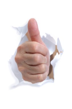 Hand break through the paper with the thumb up clipart