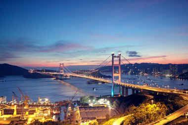 Beautiful night scenes of Tsing Ma Bridge in Hong Kong. clipart