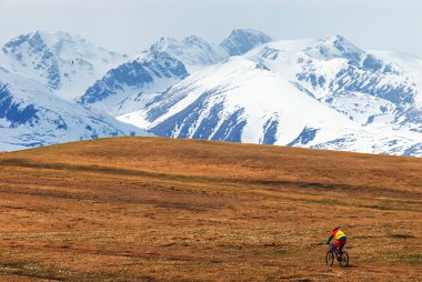 Mountain biker and snow peaks clipart