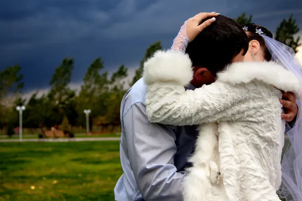 Braut und Bräutigam küssen sich und stürmen Himmel — Stockfoto