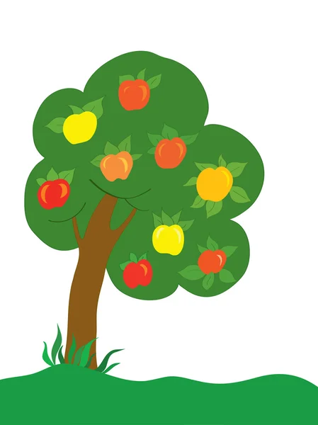 Background. An apple-tree with color apples on a lawn — Stock Vector