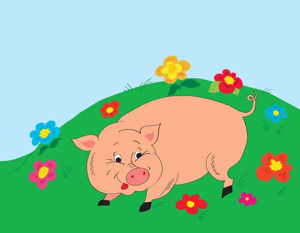 Achtergrond. een vrolijke varken op een glade met kleuren — Stockvector