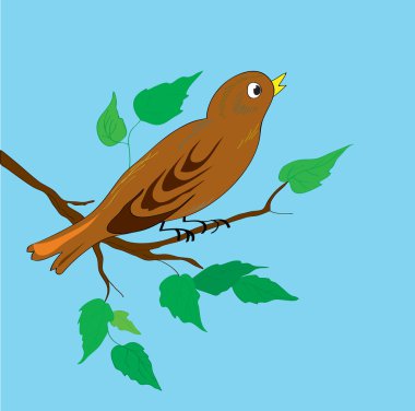 Bird on a branch with leaves against the sky clipart