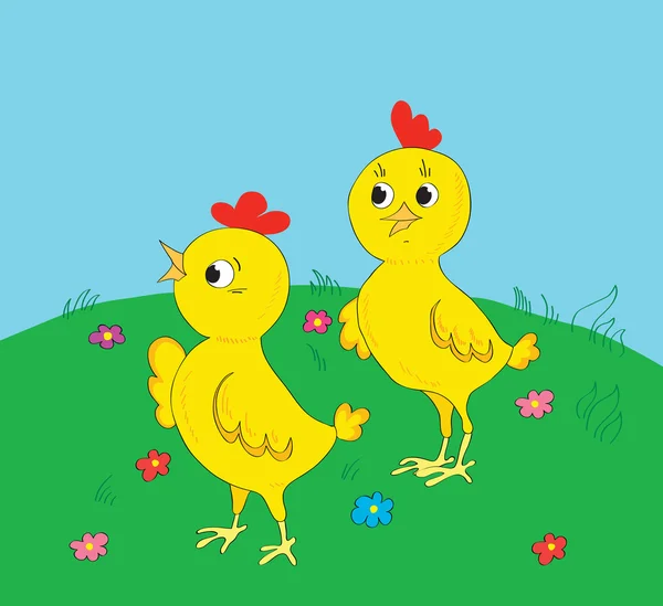 Два веселых цыпленка на поляне с цветами — стоковый вектор