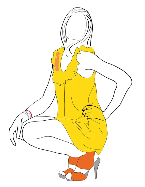 中一件黄色连衣裙的女孩的侧面影像. — 图库矢量图片